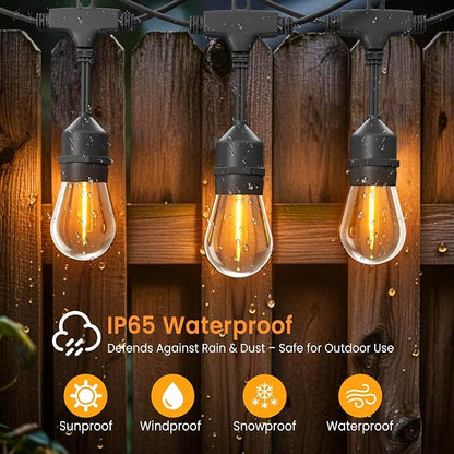 48ft Outdoor String Lights with Remote & Dimmer,24+2 Commercial Grade IP65 Waterproof Bulbs, 2700K Warm White,3 Lighting Modes & Timer,Includes 30 Cable Ties for Patio,Garden, Party