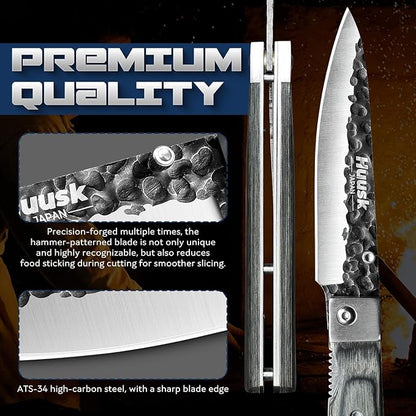Huusk Folding Chef Knife Set - Japanese Hand Forged Pocket Knife Set - Including Nakiri, Santoku, Bread and Fruit Knives - Gifts for Men and Women