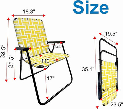 Lawn Chair Folding Steel Webbing Chaise Patio Lounger Seat Wood Handles Great for Camping, Beach, Fishing, Backyard, Stadium, Pool, Boating, and Sports 4 Pack Yellow Stripes