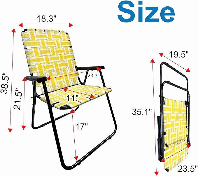 Lawn Chair Folding Steel Webbing Chaise Patio Lounger Seat Wood Handles Great for Camping, Beach, Fishing, Backyard, Stadium, Pool, Boating, and Sports, 1 Pack Yellow Stripes