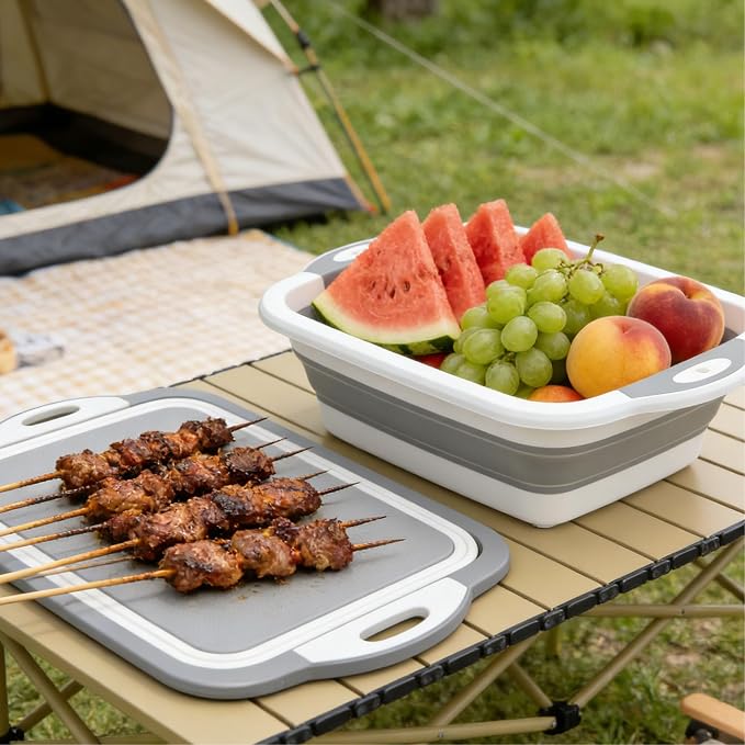 3-in-1 Collapsible Camping Cutting Board Space-Saving BBQ Prep Tub with Lid | Foldable Tray Camping Sink Dish Tub, 2.38Gal, Folds to 1.5" Thin for Meat and Fruits in Kitchen RV Picnic BBQ Camping (Grey)