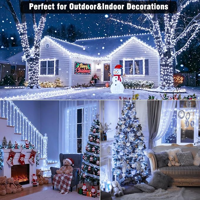 100ft White Christmas Lights Outdoor 300 LED String Lights Indoor Clear Wire Waterproof, 8 Modes Connectable Twinkle Fairy String Lights Plug in for Outside Room Bedroom Party Wedding Decorations