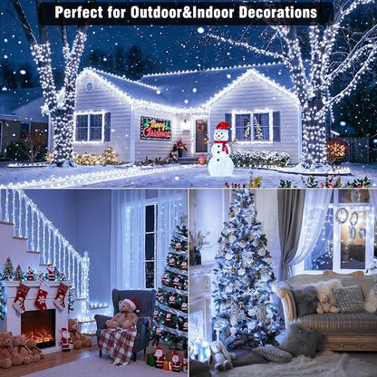100ft White Christmas Lights Outdoor 300 LED String Lights Indoor Clear Wire Waterproof, 8 Modes Connectable Twinkle Fairy String Lights Plug in for Outside Room Bedroom Party Wedding Decorations