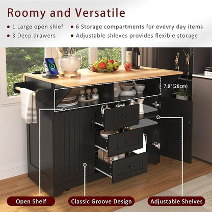 Merax 55.7" Upgraded Large Kitchen Cart Island on Wheels with 2 Drop Leaf,Power Outlet,3 Drawers,Wood Frame Storage Cabinet