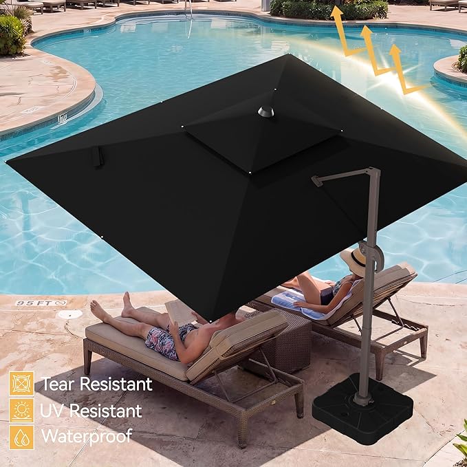 9x12 FT Patio Umbrella with base, Large Cantilever Rectangular Double Top Heavy Duty Offset Umbrellas with 360° Rotation, Outdoor shade for Garden Deck Pool, Black