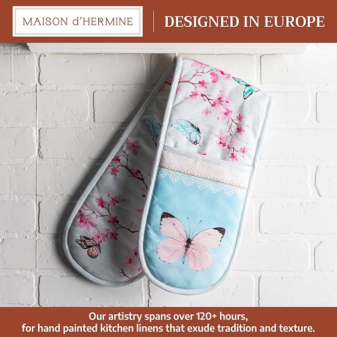 Maison d' Hermine Double Oven Mitts 100% Cotton 7"x35" Double Oven Mitt Heat Resistant BBQ Cooking Gloves with Loop Baking Grilling Kitchen Hotel Home Farmhouse Spring Summer (Blossoms in Spring)