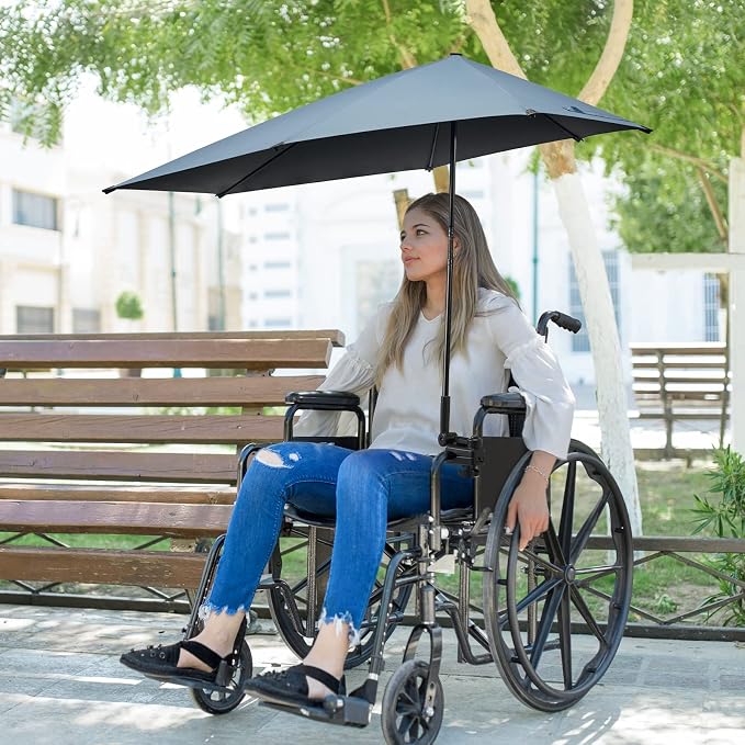 G4Free Beach Chair Umbrella with Universal Clamp UPF 50+ Golf Cart Umbrella | 46"x44" Large Canopy Sun Umbrella UV Protection, Adjustable Clamp for Beach Chair/Wheelchair/Stroller, 360° Flex Shaft, 7 Rib