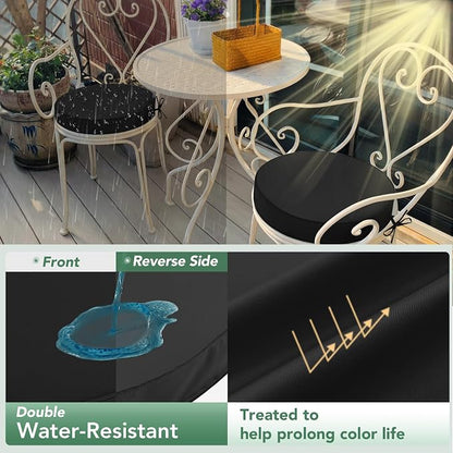 Summsun Outdoor Bistro Chair Cushions Set of 2, 15" D x 3" H Round Chair Cushions Waterproof and Fade Resistant Chair Cushion Pads with Non-Slip Ties and Removable Covers for Garden, Black