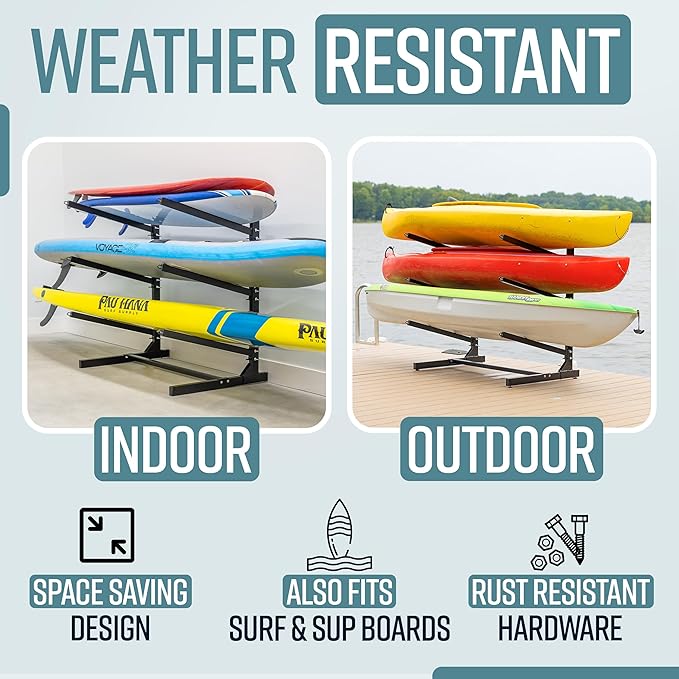 Teal Triangle Adjustable Freestanding Kayak Storage Rack, Holds 3 Kayaks | Outdoor Kayak Rack, Paddle Board Holder, Canoe Rack, Kayak Stand, Felt Padded Arms, Weather Resistant Steel