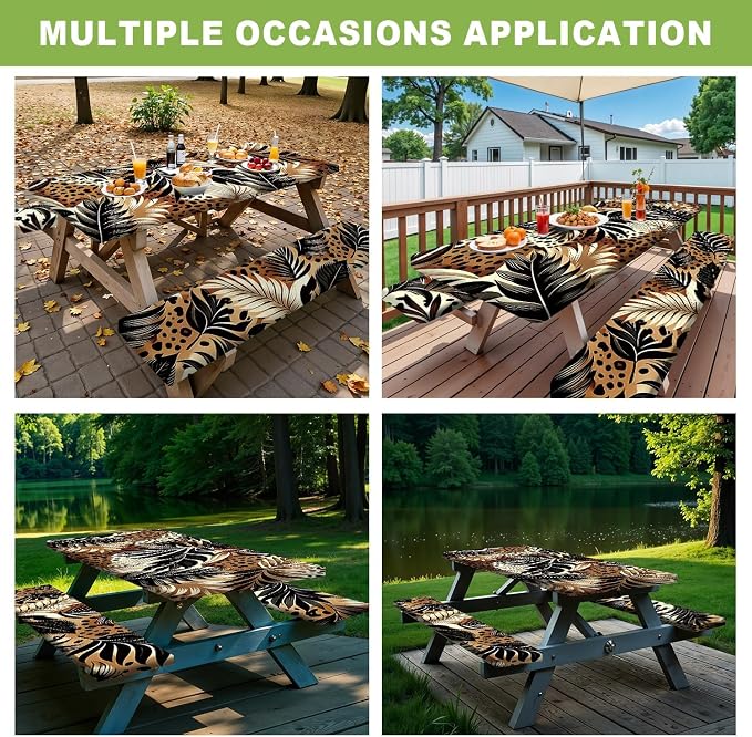 FOREVER QUEEN Picnic Table Cover with Bench Covers 72in,Waterproof Windproof Fitted Tablecloth,Leopard Print with Tropical Leaves Camping Essentials with Drawstring Bag for Patio,Park & Backyard