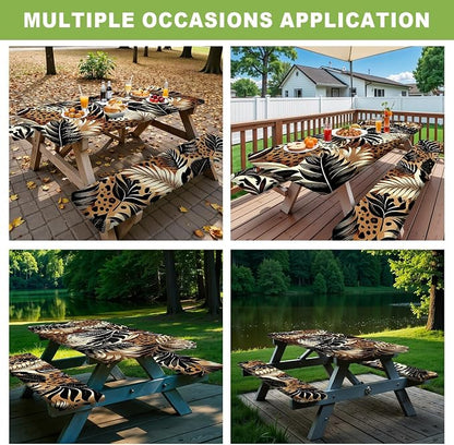 FOREVER QUEEN Picnic Table Cover with Bench Covers 72in,Waterproof Windproof Fitted Tablecloth,Leopard Print with Tropical Leaves Camping Essentials with Drawstring Bag for Patio,Park & Backyard