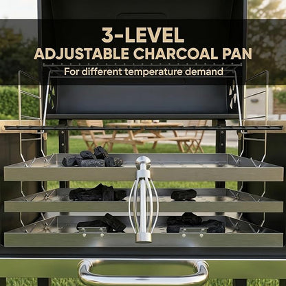 Outsunny Charcoal BBQ Grill with 245 sq. in. Cooking Area, Outdoor Barbecue Grill with Adjustable Charcoal Pan, Thermometer, 3 Shelves, Wheels for Patio, Picnic, Backyard, Party, Black