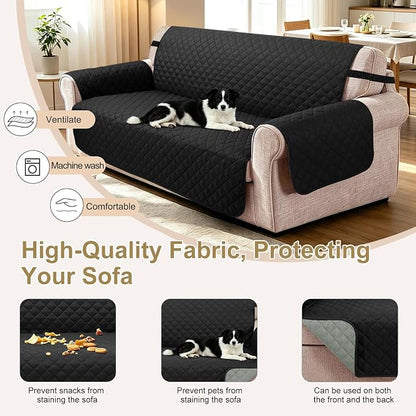 Reversible Loveseat Couch Sofa Covers, 2-Seater, Black | Loveseat Covers for Dogs Water Repellent, Friendly Furniture Protector with Elastic Straps for Living Room