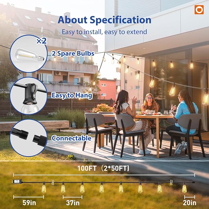 addlon 100FT LED Outdoor String Lights with Remote Waterproof Patio Lights with Shatterproof ST38 Replaceable Bulbs, Dimmable Outside Hanging Light Connectable for Porch, Backyard (Pack of 2)