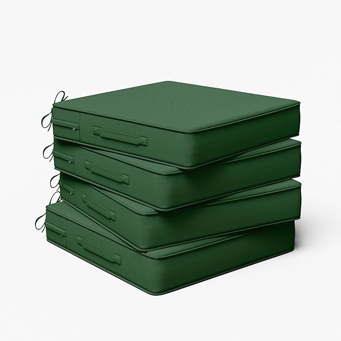 Outdoor Chair Cushion 22 x 22 x 4 Inches Patio Furniture Outdoor Waterproof Seat Cushion, Patio Chair Cushion with Handles and Ties, Square Dining Chair Cushion Set of 4, Green