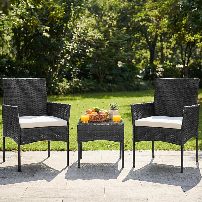DUMOS Patio Furniture Set 3-Piece, Outdoor Wicker Bistro Set, Black | All-Weather Rattan Chairs, Removable Cushions, Tempered Glass Table, Small Conversation For Porch Balcony Lawn Backyard