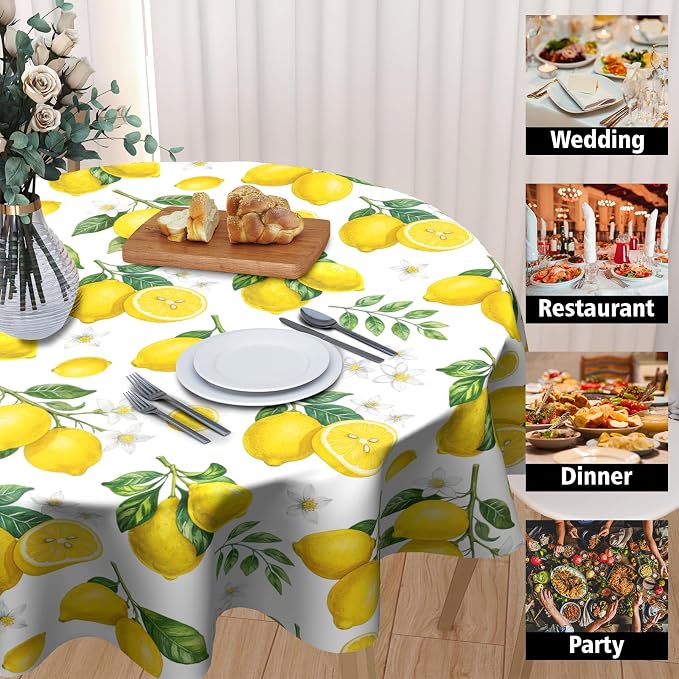 Sweetshow Yellow Lemon Table Cloth Round Fruit Tree Branches Leaves Flowers Bloom Bright Summer Tablecloth 70 Inch Decor Washable Stain and Wrinkle Spring Round Table Cover for Dining Picnic