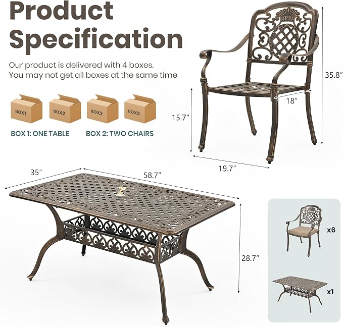 Pamapic 7-Piece Outdoor Dining Set,Cast Aluminum Patio Furniture with Vintage Table & 6 Stackable Chairs, Outdoor Furniture Set for Garden, Poolside (with 6 Cushion,Bronze)