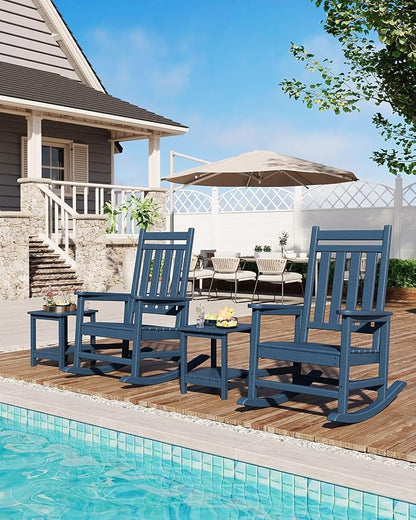 Garvee HDPE Rocking Chair Outdoor Set of 2 with Side Table - Poly High Back Porch Rocker Chairs for Adults - All Weather Resistant Furniture for Patio Front Porch - Navy Blue