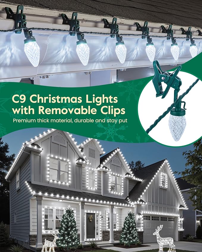 Minetom C9 LED Christmas Lights Outdoor, 81 Feet 100 LED C9 String Lights with 100 Spring Clips, Waterproof Connectable Outside Christmas Decor,White