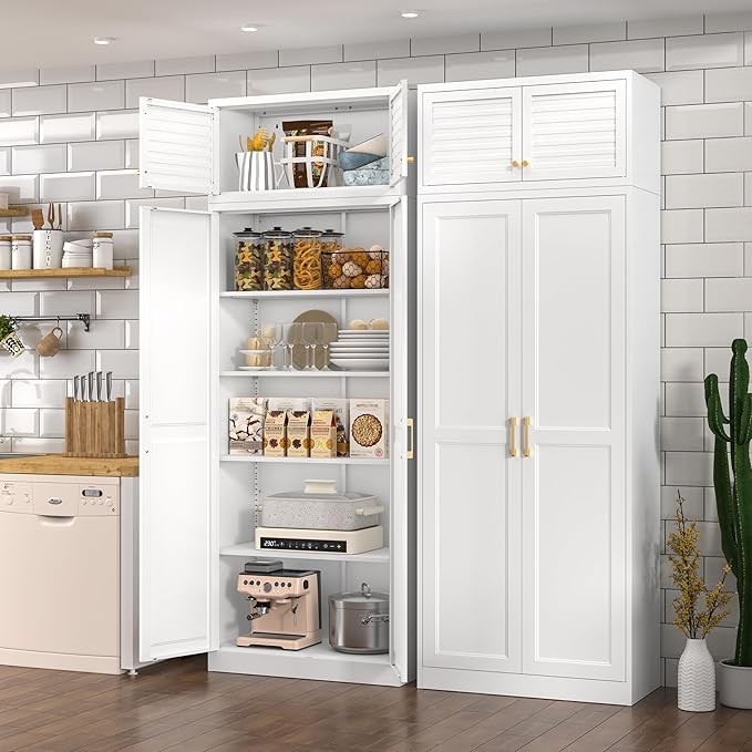 Polup Kitchen Pantry Cabinet, 86 Inch Tall Metal Storage Cabinet, Metal Pantry cabinets with Doors and Shelves, White Storage Cabinets for Living, Dining, Office, Bathroom, Garage, Assembly Required