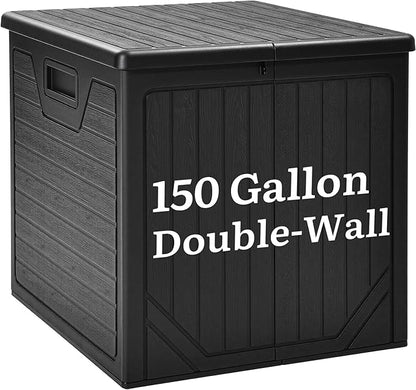 YITAHOME 150 Gallon Large Outdoor Deck Box, Lockable Resin Double-Wall Storage Box and Waterproof Patio Furniture Bin for Garden Tools & Pool Accessories, Black