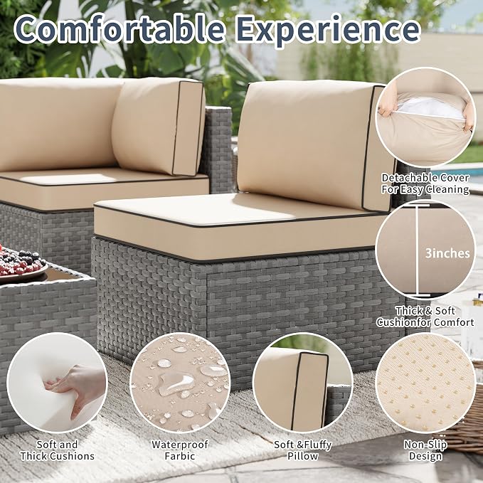 SUNLEI 5pcs Patio Outdoor Furniture Sets Conversation Set,Low Back All-Weather Rattan Sectional Sofa with Tea Table&Washable Couch Cushions(Silver Rattan)（Khaki）