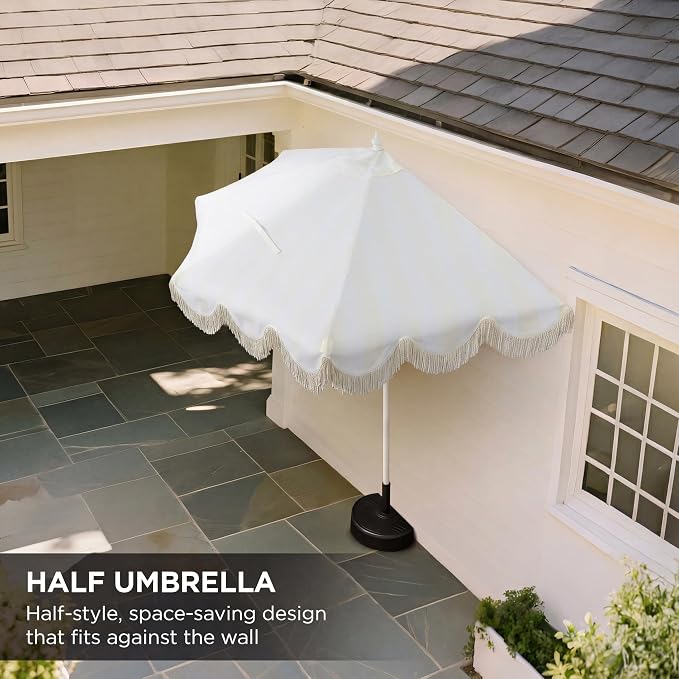 JONATHAN Y Beverly 9 ft. Striped Half Umbrella, Cream/White | Coastal Scalloped Fringe, Crank Lift, 30 Degree Manual Tilt, UV 50 Fabric Canopy, Aluminum Frame, Space Saving Design