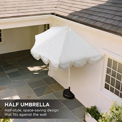 JONATHAN Y Beverly 9 ft. Striped Half Umbrella, Cream/White | Coastal Scalloped Fringe, Crank Lift, 30 Degree Manual Tilt, UV 50 Fabric Canopy, Aluminum Frame, Space Saving Design