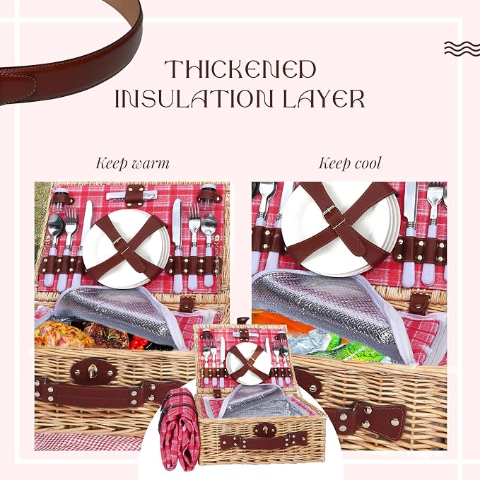 Wicker Picnic Basket Set for 4, Blanket, Cooler Bag, Pink Red Plaid | Four-Person Wicker Set Includes Tableware, Insulated Food Storage and Waterproof Blanket for Parks, Camping, Dates and Gifts