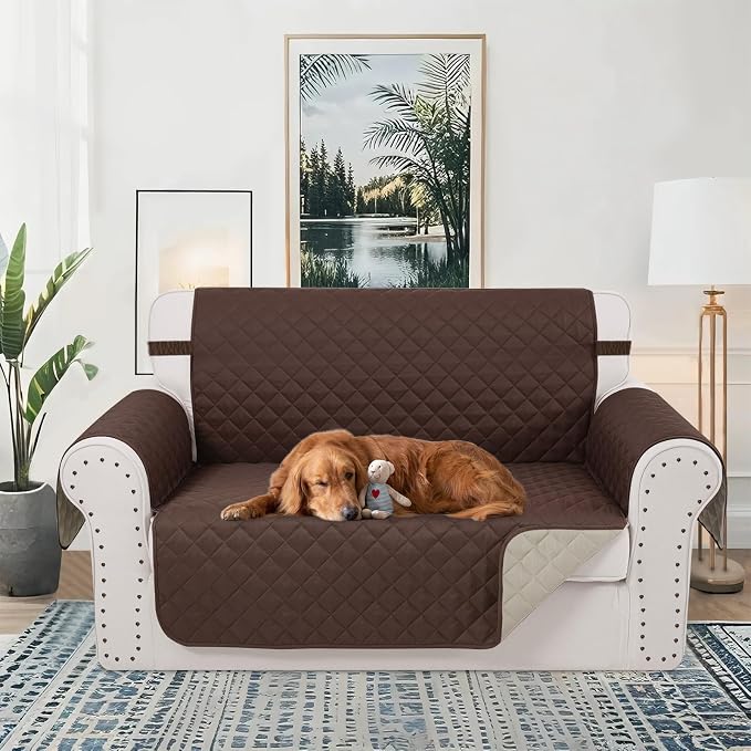 Reversible 45" Small Loveseat Sofa Covers, Chocolate/Beige | Loveseat Covers for Dogs Water Repellent, Friendly Furniture Protector with Elastic Straps for Living Room