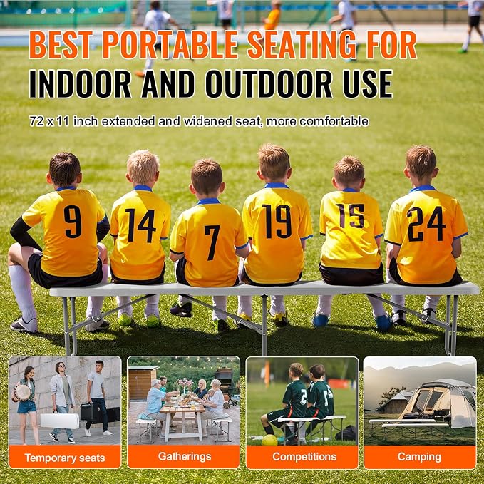 VEVOR Plastic Folding Bench, 6ft Portable Folding Bench, Smooth High Density Polyethylene Waterproof Outdoor Bench, Picnic Camping Table with Handle for Garden Soccer Playtime, White (2 Pack) | for Garden Playtime, Camping, Outdoor Event, Picnic Polyet...