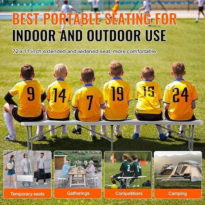 VEVOR Plastic Folding Bench, 6ft Portable Folding Bench, Smooth High Density Polyethylene Waterproof Outdoor Bench, Picnic Camping Table with Handle for Garden Soccer Playtime, White (2 Pack) | for Garden Playtime, Camping, Outdoor Event, Picnic Polyet...