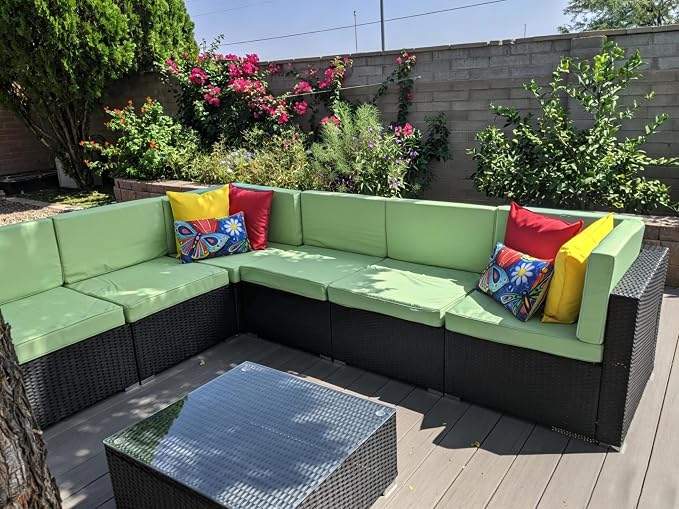 Outdoor Cushion Covers Replacement 14 Pcs, Bean Green | Patio Cushion Covers Fit for 7Pieces 6-Seater Wicker Rattan Sectional Couch Sofa, Outdoor Cushion Slipcovers Set