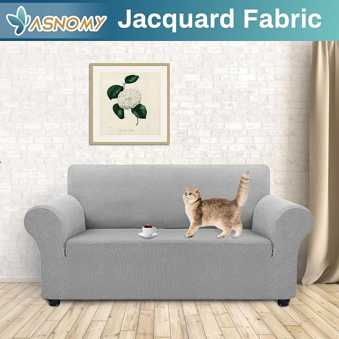 Asnomy Stretch Couch Covers Washable, loveseat Cover Slipcovers,Silver | 1-Piece Sofa Cover(55"-78") loveseat cover Furniture Protector Soft Jacquard,Non-Slip Elastic Bottom for Dogs & Kids