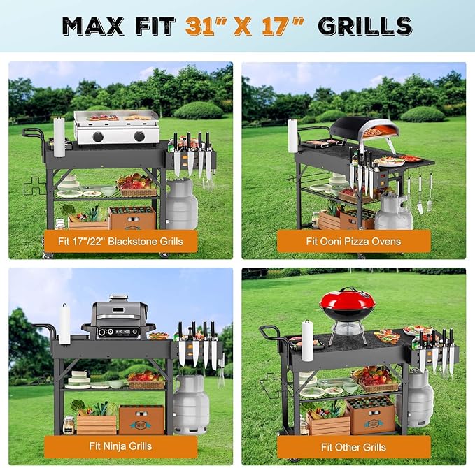 Raynesys Outdoor Grill Cart, 440lbs Outdoor Grill Table, 31x17 inch Blackstone Griddle Stand, Portable Folding Cart with Wheels, 2-Tier Storage Rack & Side Storage Box (Black)