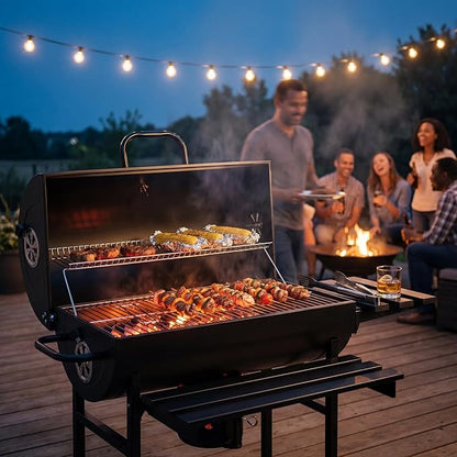 Devoko Barrel Charcoal Grill with Thermometer, Double-Layer Chrome-Plated Iron Baking Pan, Three Item Racks & Ash Catcher, Heavy Duty Outdoor BBQ Grill for Camping Backyard Patio