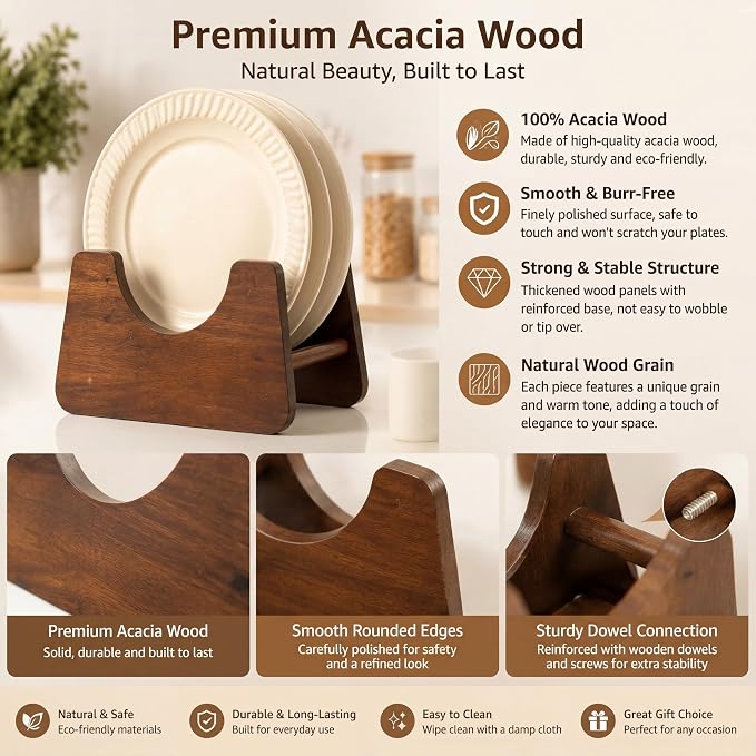 LemonRoad 3 Pack Acacia Wood Paper Plate Holder, Plate Dispenser for 7-12 Inch Plates, Space Saving Kitchen & Rv Organizer for Countertop, Pantry, Buffet, Outdoor Party & Camping Storage Rack