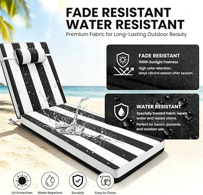 Chaise Lounge Cushion for Outdoor Furniture, Waterproof, Fade-Resistant and Tear Resistant, Patio Lounger Pads with Removable Cover for Pool, Deck, Lawn, 72x21x4 Inch, Black & White Stripe