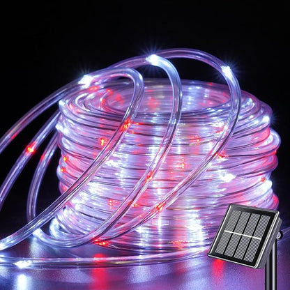 YEGUO Solar Rope Lights Outdoor Waterproof, 66ft 200 LED Red and White String Lights, 8 Modes Fairy Lights in Clear Thin Tube