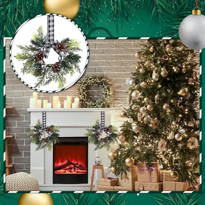 Zeyune 8 Pcs Christmas Kitchen Cabinet Wreaths with Plaid Bow 14.96 x 7.87 Inch Hanging Christmas Cabinet Doors Wreaths Decorative for Kitchen Window Outdoor Indoor Xmas Holiday Decor