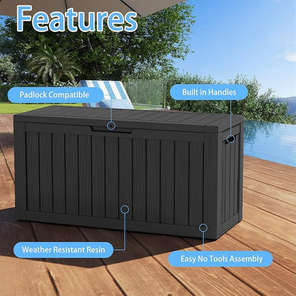 Pepe Tee Waterproof Resin Deck Box, Outdoor Storage Bin for Patio Furniture Cushions, All-Weather Garden Organizer & Seating Bench, Black
