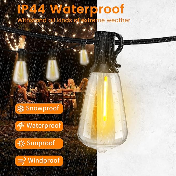 LED Outdoor String Lights 200ft ST38 Waterproof Patio Lights with 106 Vintage Shatterproof Bulbs(6 Spare), Dimmable Outside Hanging Edison String Lights for Backyard Porch Balcony Decor, Warm White