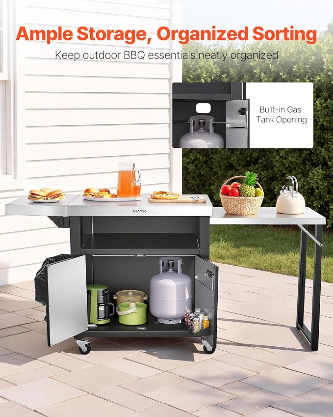 VEVOR Outdoor Grill Cart with Storage Cabinet, 74.8 Inch Grill Table, Waterproof Kitchen Island with Stainless Steel Top, Pull-Out Plate, Wheels, Movable Food Prep Station for Patio Bar Backyard BBQ