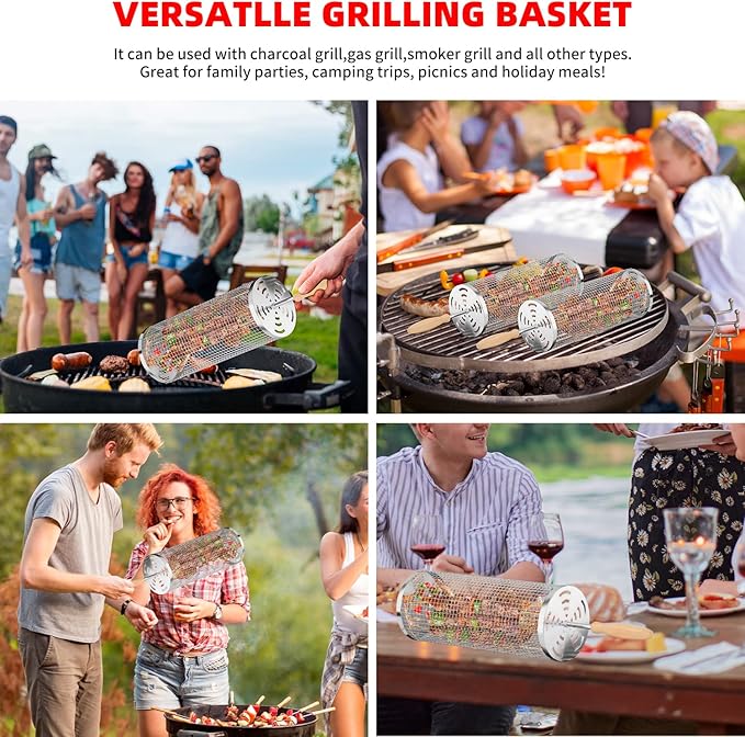 Rolling Grill Basket 2-Pack, Removable Wooden Handle, 304 Stainless Steel, BBQ Grill Accessories for Vegetables, Birthday Father Days for Dad, Husband, Men – Outdoor Kitchen Camping Grilling