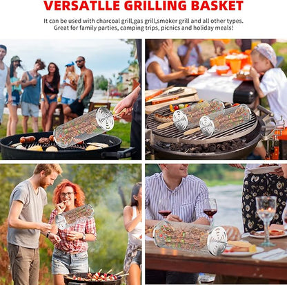 Rolling Grill Basket 2-Pack, Removable Wooden Handle, 304 Stainless Steel, BBQ Grill Accessories for Vegetables, Birthday Father Days for Dad, Husband, Men – Outdoor Kitchen Camping Grilling