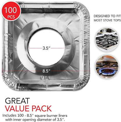 Disposable Gas Burner Liners (100 Pack) Aluminum Foil Square Gas Stove Burner Covers - 8.5 Inch Gas Range Protector, Stove Top Covers for Gas Burners, Foil Liners to Catch Oil, Grease, and Food Spills