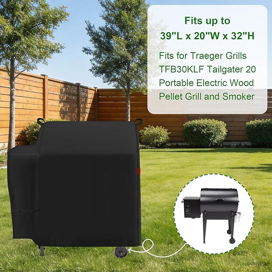 Grill Cover Fits Traeger Tailgater 20 Portable Pellet Grill (TFB30KLF),Outdoor Full-Length Heavy Duty Waterproof 600D BBQ Cover, Compared to Traeger BAC374