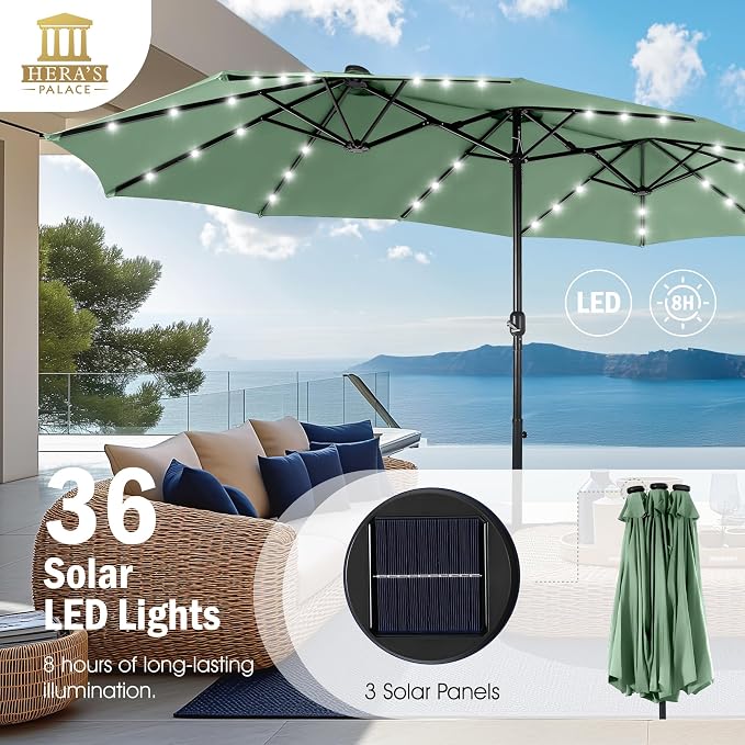 15ft Patio Umbrella with Solar lights & Base, Large Umbrellas, Mint | HERA'S PALACE Rectangle Double Market Umbrella with 36 LED Lights, Big Outdoor Umbrellas for Pool Picnic Inground Yard Deck