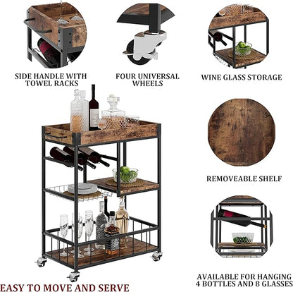 Bar Cart with Basket Wine Rack with Wheels Wood Metal Cart | Basket